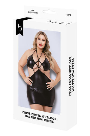 CRISS CROSS WETLOOK HALTER MINI DRESS BLACK, QS