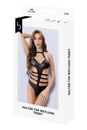 HALTER TOP WETLOOK TEDDY BLACK, OS