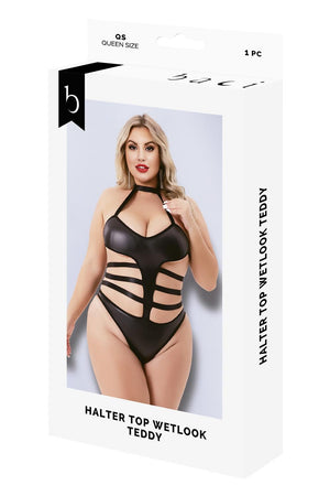 HALTER TOP WETLOOK TEDDY BLACK, QS