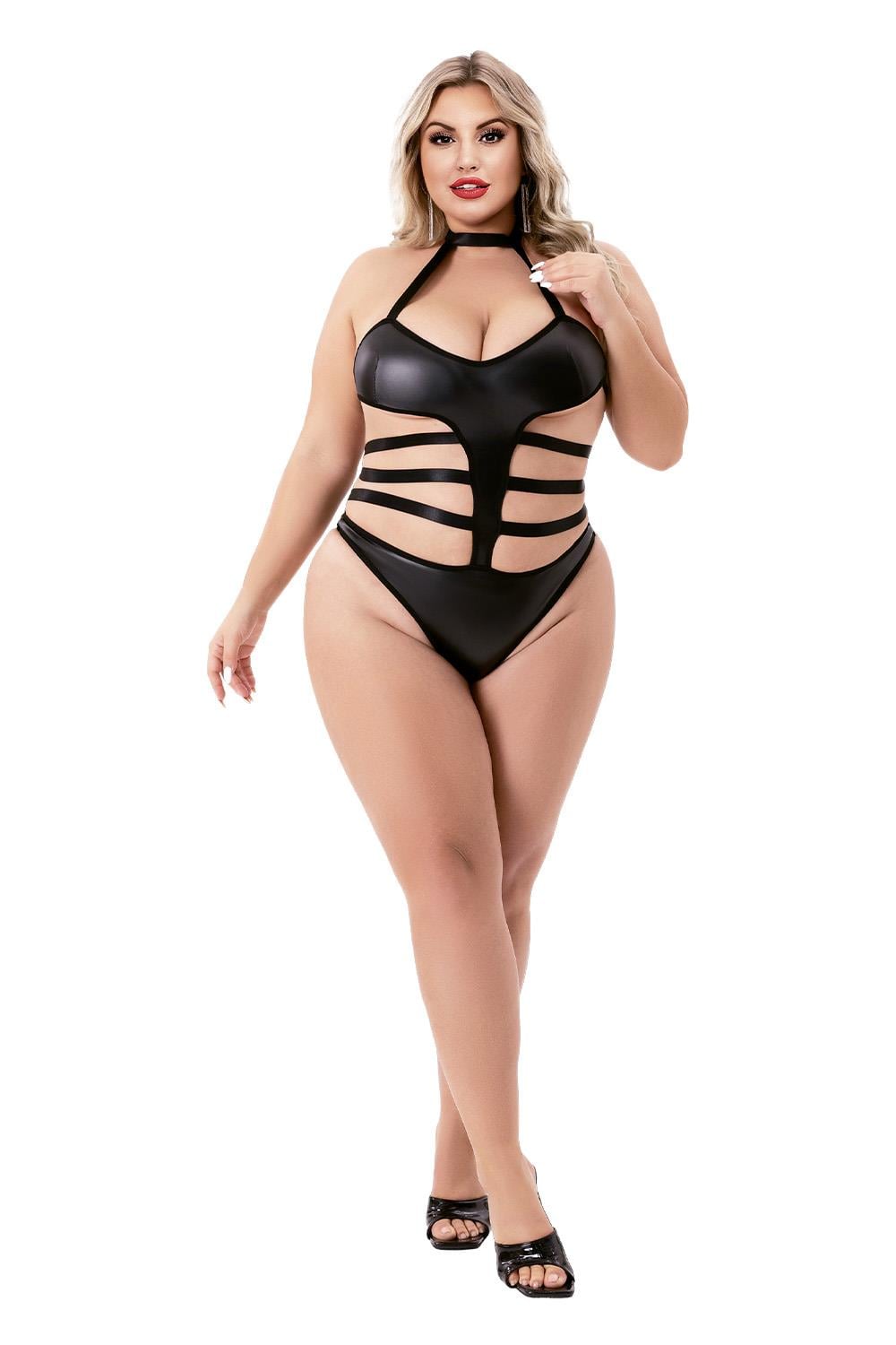 HALTER TOP WETLOOK TEDDY BLACK, QS