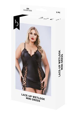 LACE-UP WETLOOK MINI DRESS BLACK, QS