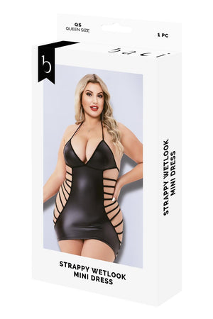 STRAPPY WETLOOK MINI DRESS BLACK, QS