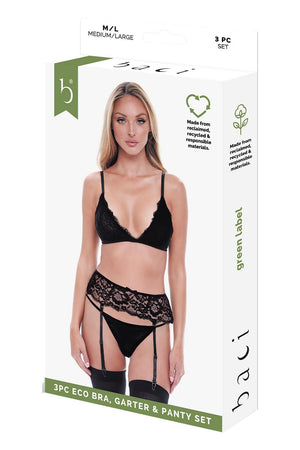BACI 3 PCS. ECO BRA, GARTER AND PANTY SET BLACK, M/L