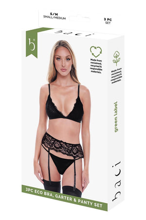 BACI 3 PCS. ECO BRA, GARTER AND PANTY SET BLACK, S/M