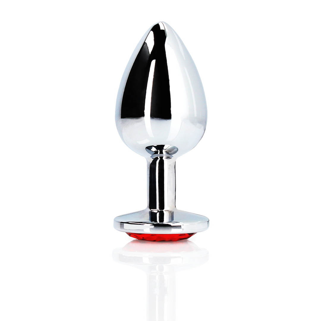 Plug anal en gemme ronde - Petit - Argent/Rouge rubis