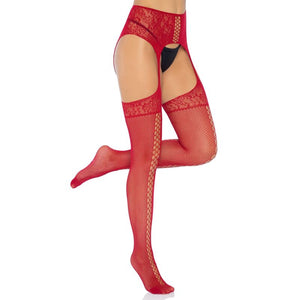 Leg Avenue – Bas dentelle bordeaux avec jarretière taille unique