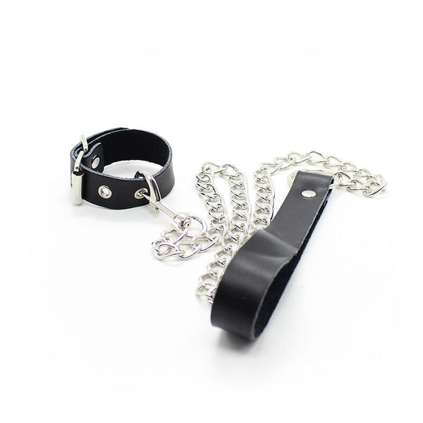Ohmama Fetish – Collier pénis et bracelet en cuir avec chaîne métallique