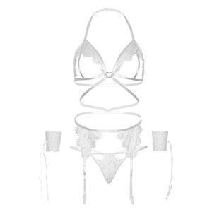 Leg Avenue – Ensemble quatre pièces soutien-gorge, string, porte-jarretelles et poignets taille unique - blanc