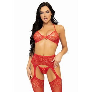 Soutien-gorge en dentelle, string et bas avec porte-jarretelles