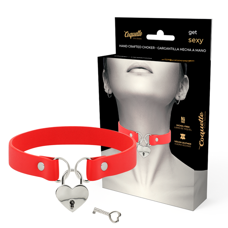 Coquette Chic Desire – Collier en cuir vegan rouge avec accessoire coeur avec cl?