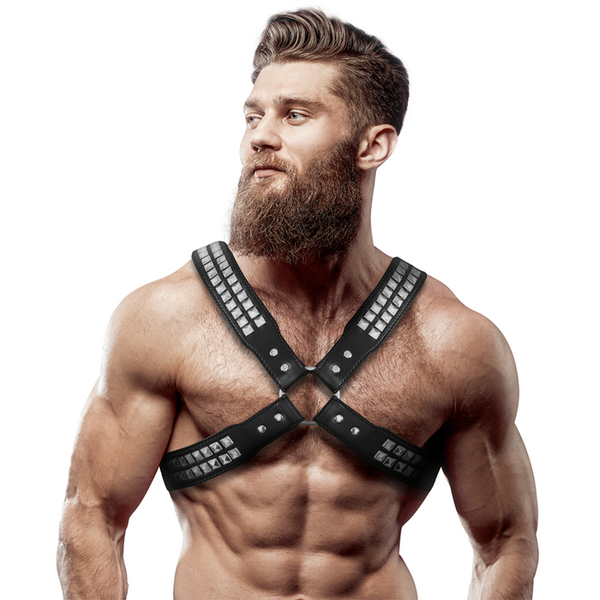 Fetish Submissive Attitude – Harnais en cuir écologique pour hommes poitrine croisée avec rivets