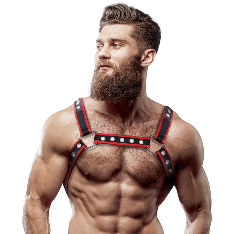 Fetish Submissive Attitude – Harnais de poitrine bulldog en cuir écologique pour hommes noir/rouge