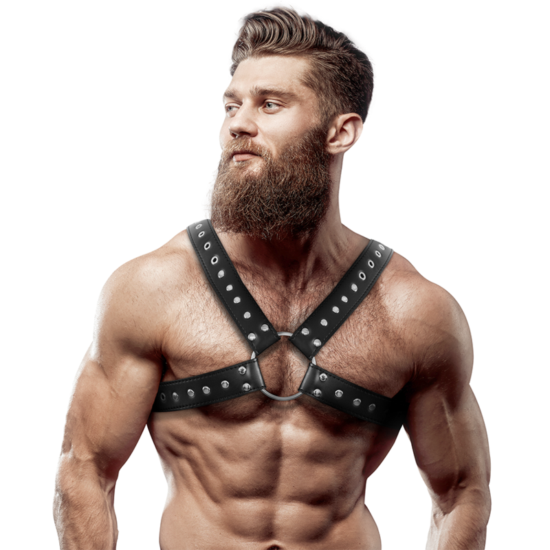 Fetish Submissive Attitude – Harnais de poitrine croisé en éco-cuir pour hommes avec clous
