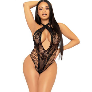 Body dentelle et résille croisé avec ouverture décolletée