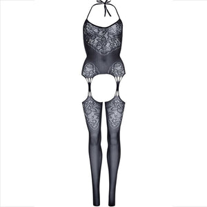 Bodystocking dentelle et résille sans couture avec jarretelles