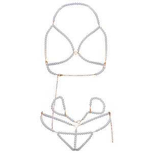 Soutien-gorge bonnets ouverts perles fantaisie, string et bracelets