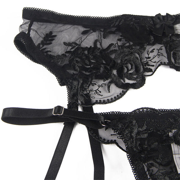 Subblime – Lot 3 pièces soutien-gorge + string + jarretière imprimé floral noir
