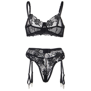 Subblime – Lot 3 pièces soutien-gorge + string + jarretière imprimé floral noir