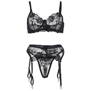 Subblime – Lot 3 pièces soutien-gorge + string + jarretière imprimé floral noir