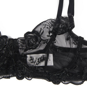 Subblime – Lot 3 pièces soutien-gorge + string + jarretière imprimé floral noir