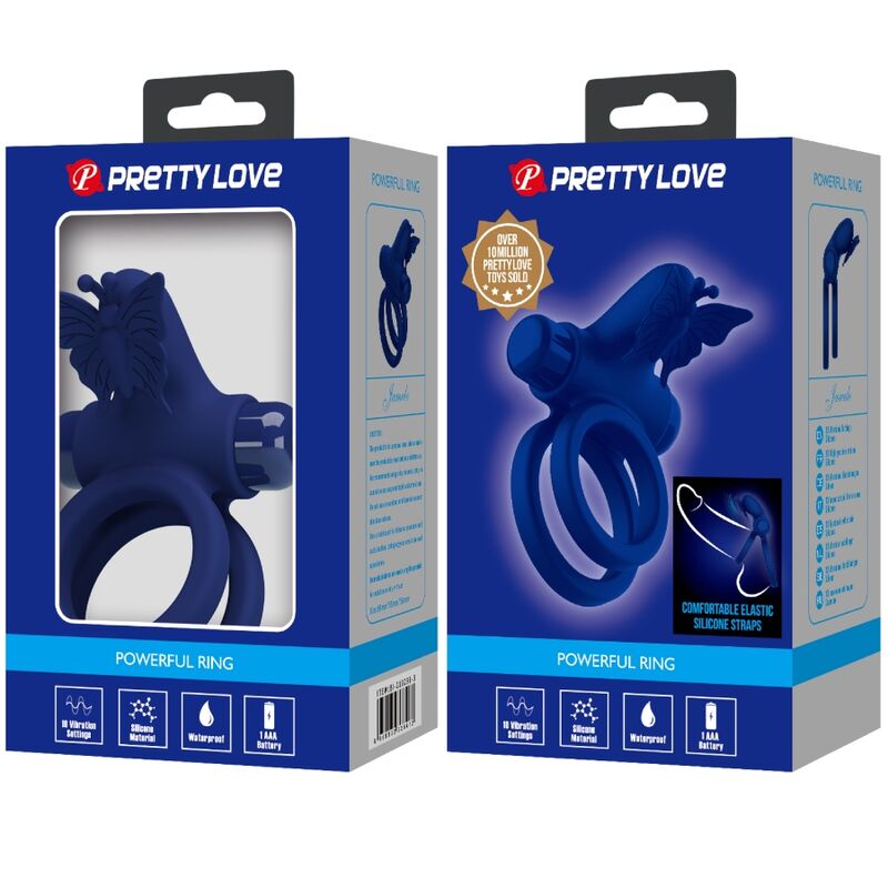 Pretty Love – Jamele double anneau avec vibration & stimulateur de papillon bleu