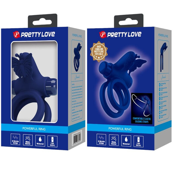 Pretty Love – Jamele double anneau avec vibration & stimulateur de papillon bleu