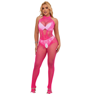 Subblime – 952389 bodystocking résille et dentelle sans fourrure avec col montant rose taille unique