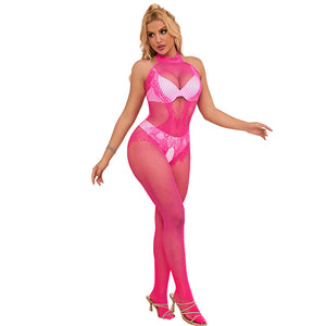 Subblime – 952389 bodystocking résille et dentelle sans fourrure avec col montant rose taille unique