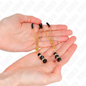Kink – Pinces à teton fines or avec 3 billes de verre noir 7 cm