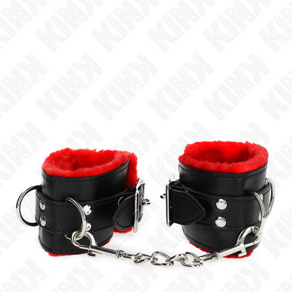 Kink – Appui-poignets doublés de fourrure avec trous carrés ceinture rouge et noire réglable 17-29 cm x 6 cm