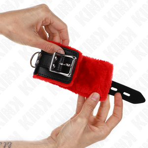 Kink – Appui-poignets doublés de fourrure avec trous carrés ceinture rouge et noire réglable 17-29 cm x 6 cm