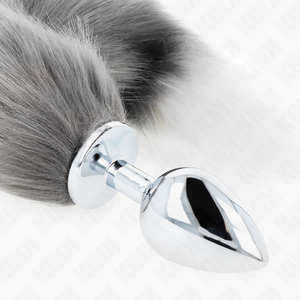 Kink – Plug anal taille L 10 x 4 cm avec queue synthétique 40 cm gris et blanc