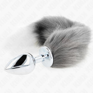 Kink – Plug anal taille L 10 x 4 cm avec queue synthétique 40 cm gris et blanc