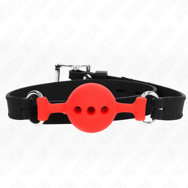 Kink – Bâillon entièrement silicone 55 x 2 cm avec boule de 4 cm taille S rouge ajustable 35-51 cm