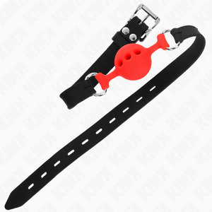 Kink – Bâillon entièrement silicone 55 x 2 cm avec boule de 4 cm taille S rouge ajustable 35-51 cm