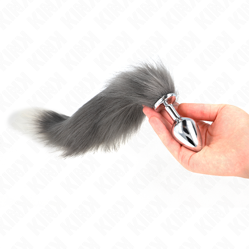 KINK - ANAL PLUG TALLA M 8 X 3.5 CM WITH COLA SINTÉTICA 40 CM PLATEADO Y BLANCO