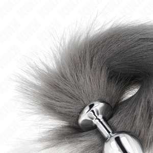 Kink – Plug anal taille M 8 x 3,5 cm avec queue synthétique 40 cm gris et blanc