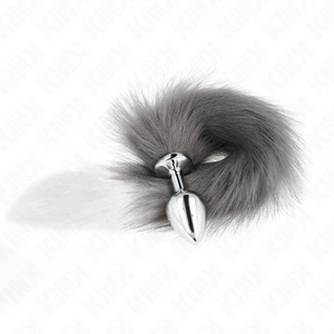 Kink – Plug anal taille M 8 x 3,5 cm avec queue synthétique 40 cm gris et blanc