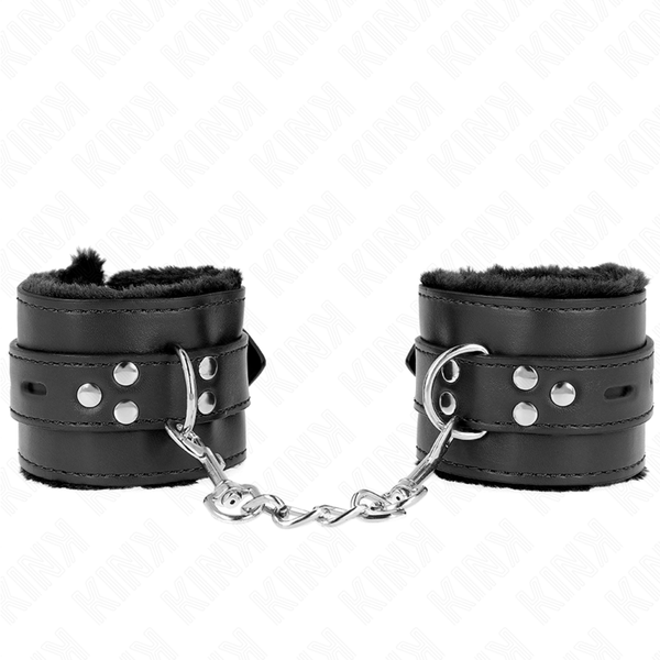 Kink – Appui-poignets doublés de fourrure avec trous carrés noir et ceinture noire réglable 17-29 cm x 6 cm