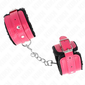Kink – Appui-poignets doublés de fourrure premium noir avec ceinture rose framboise ajustable 17-29 cm x 6 cm