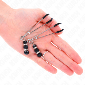 Kink – Pinces à teton fines or avec 3 billes de verre noir 7 cm