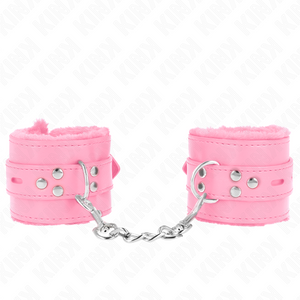 Kink – Appui-poignets doublés de fourrure avec trous carrés rose et ceinture rose réglable 17-29 cm x 6 cm