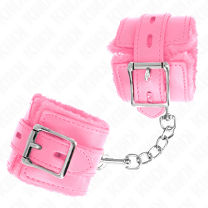 Kink – Appui-poignets doublés de fourrure avec trous carrés rose et ceinture rose réglable 17-29 cm x 6 cm
