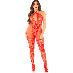 Leg Avenue – Bodystocking en maille imprimé fleuri rouge taille unique