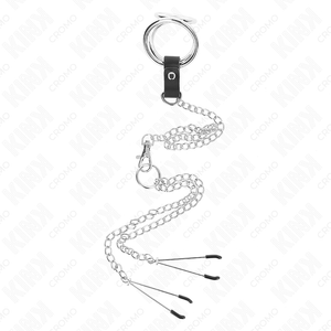 Kink – Anneau pénis en métal triple chrome 3 cm à 4,5 cm avec chaîne en métal de 26 cm et pinces à tétons
