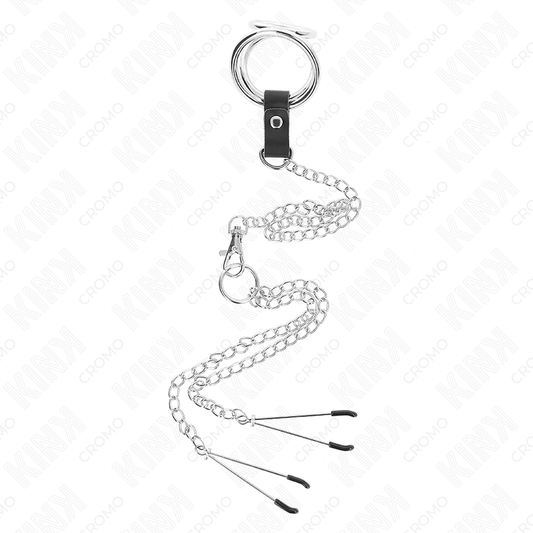 KINK - ANILLO PENE TRIPLE METAL CROMADO 3 CM TO 4.5 CM CON CADENA METAL 26 CM Y PINZAS PARA PEZONES