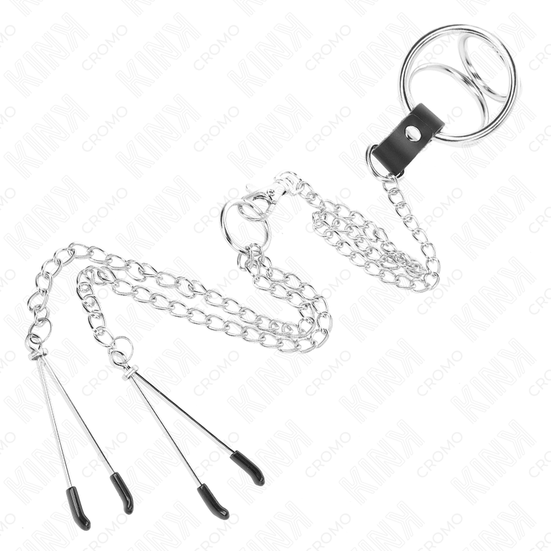 KINK - ANILLO PENE DRIEVOUDIG METAAL CROMADO 3 CM TOT 4,5 CM CON CADENA METAAL 26 CM Y PINZAS PARA PEZONES