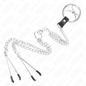 Kink – Anneau pénis en métal triple chrome 3 cm à 4,5 cm avec chaîne en métal de 26 cm et pinces à tétons