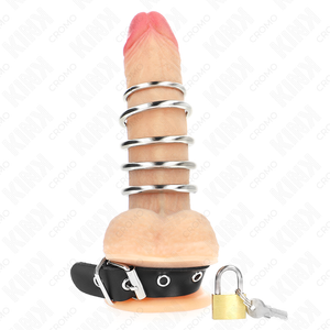 Kink – Anneau pénis en cuir avec sangle de verrouillage 21 x 2 cm et 5 anneaux métalliques de 3 cm à 4 cm