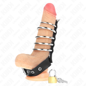 Kink – Anneau pénis en cuir avec sangle de verrouillage 21 x 2 cm et 5 anneaux métalliques de 3 cm à 4 cm